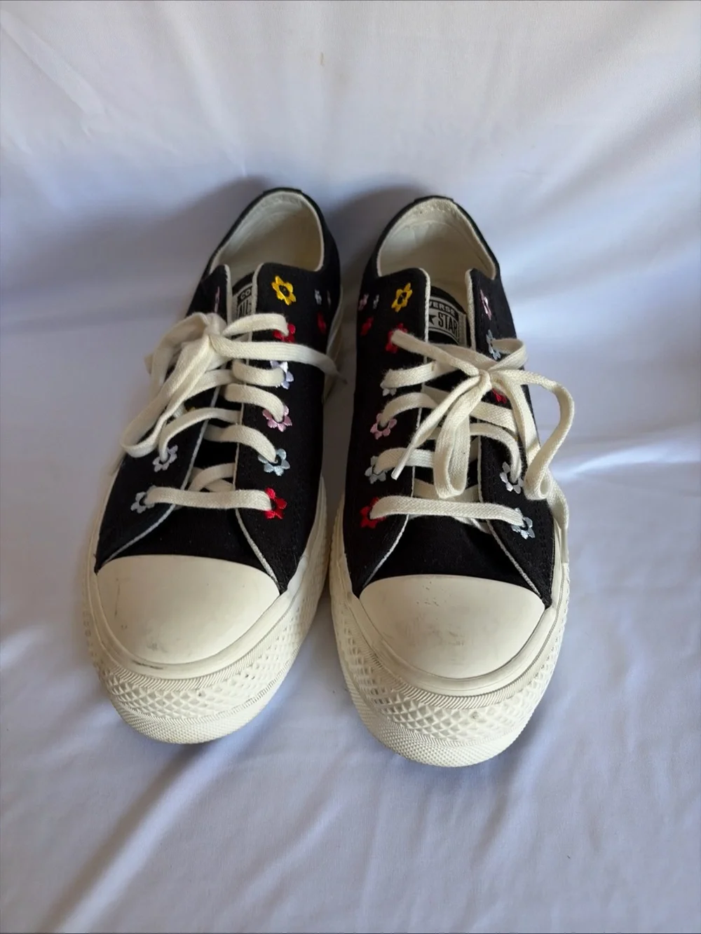 Converse Black Canvas Sneakers with Yellow and Red Floral Embroidery